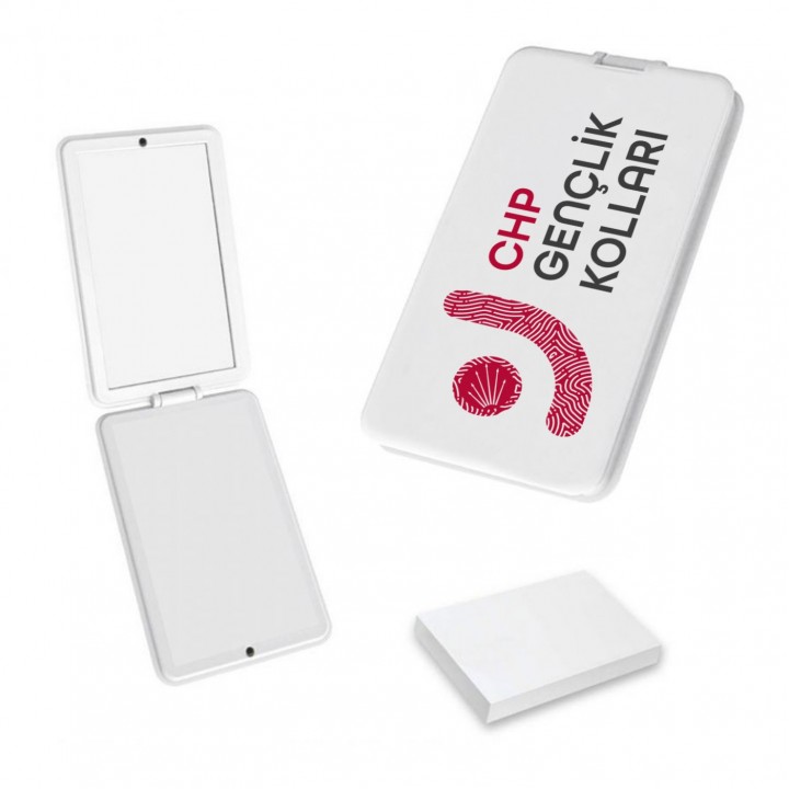 CHP Logolu Beyaz Plastik Kutulu Cep Aynası 95x60 mm Tek Yön UV Baskılı Promosyon Model
